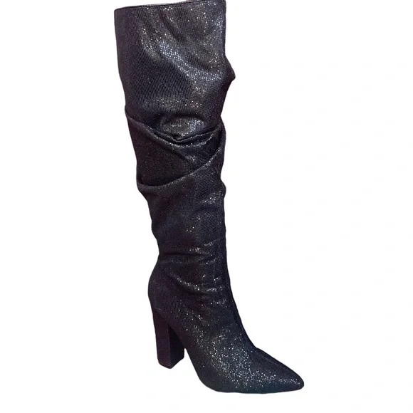 Cape Robbin Shoes - Cape Robbin Slouched Glitter Accent Black Knee-High Boots Size 7.5